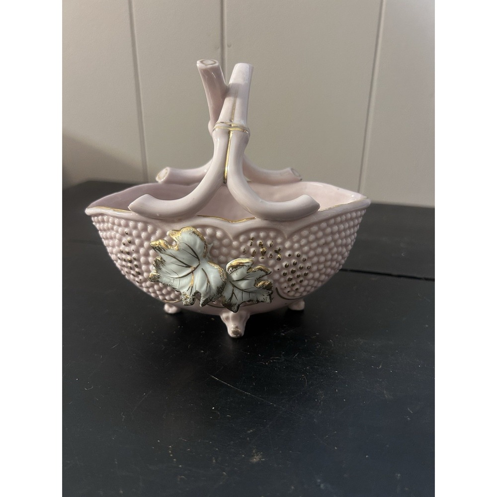 Vintage L&M Lipper & Mann Pink Porcelain Basket Floral Gold Trim Handled Decor